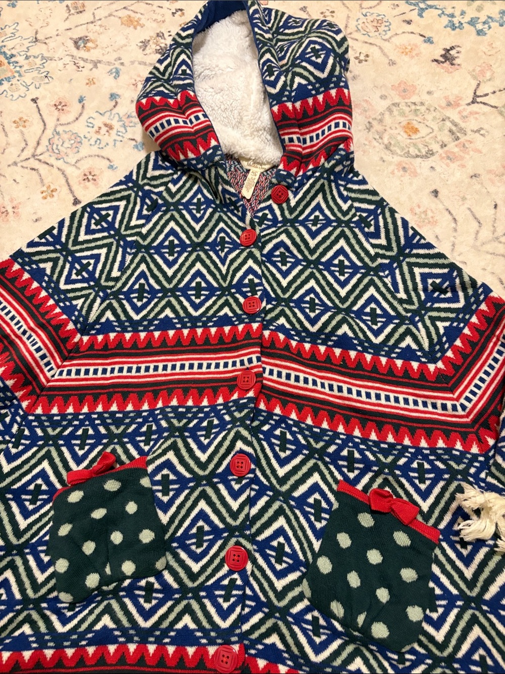 Matilda Jane Red Blue Green Patterned Hooded Poncho. Like NEW. 14